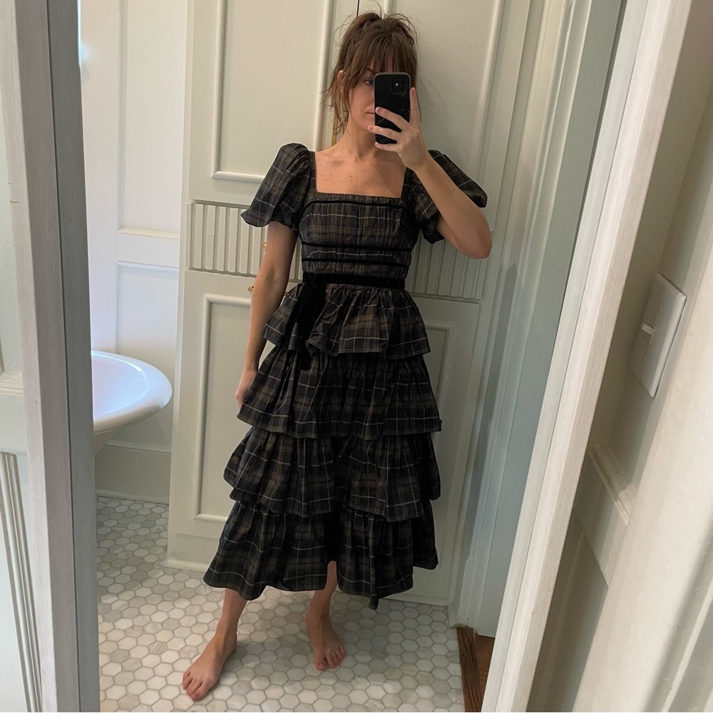 Antonio Melani plaid ruffle midi dress